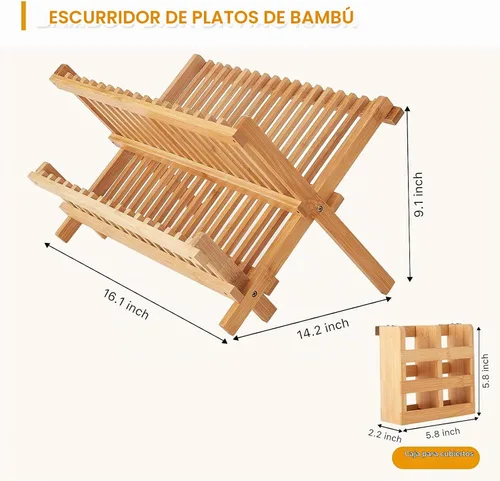 Vista 5 de Escurridor de platos de bambú, estante plegable de 2 niveles con soporte para utensilios, estante de secado de platos de madera para encimera