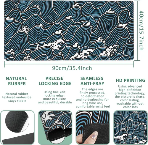 Vista 2 de Alfombrilla de mouse extendida para juegos, diseño abstracto de olas oceánicas, con bordes cosidos, base de goma antideslizante, alfombrilla