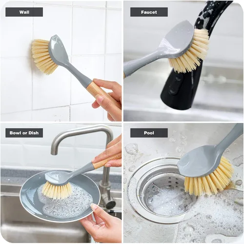 Vista 5 de Juego de 4 cepillos de bambú natural para limpiar botellas, con dispensador de jabón de cerámica, cepillos de madera con asas resistentes