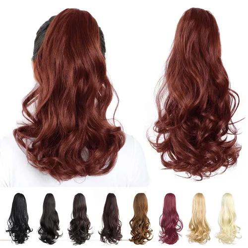 Vista 44 de Extensiones de cola de caballo, extensiones de cabello de cola de caballo con clip de garra marrón oscuro para mujer, pieza de cabello rizado