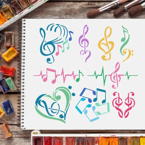 Vista 6 de FINGERINSPIRE Plantillas de notas musicales – Plantilla de notas de corazón de plástico de 11.8 x 11.8 pulgadas, patrón de varias formas