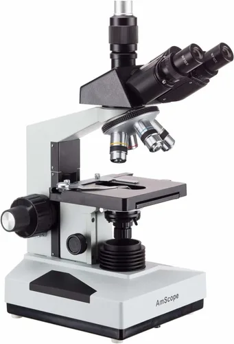 Vista 2 de AmScope T490B Microscopio trinocular compuesto, ampliación de 40X-2000X, luz halógena, condensador Abbe, mesa mecánica de 2 capas, óptica de alta