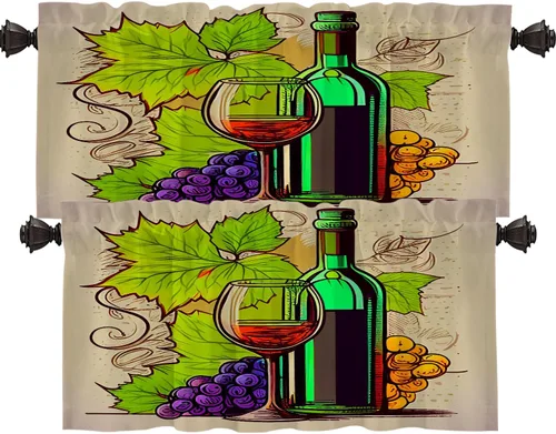 Vista 150 de Shrahala Cortinas opacas con diseño de uvas maduras de dibujos animados, copa de vino y botella, cenefa de cocina, cortinas de bloqueo de luz