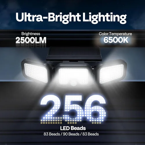Vista 3 de VIVOHOME - Luces solares de inundación para exteriores, 256 luces LED de 2500 lm con sensor de movimiento, 3 cabezales ajustables de luces