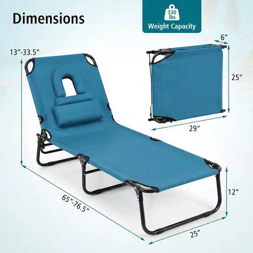 Vista 3 de GYMAX Sillón de playa, silla para tomar el sol, silla plegable ajustable reclinable con agujero para la cara