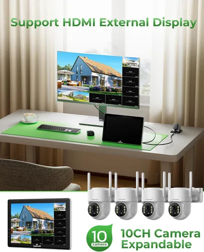 Vista 8 de Camcamp Solar Security Cameras Wireless Outdoor with 10" Monitor, 4 Cam Kit 100% Wire-Free, 360° View, Pan & Tilt, Solar-Powered, 10CH NVR, 2.4 &