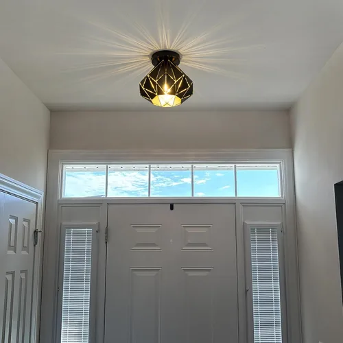 Vista 7 de Modern Geometric Ceiling Light, Black Metal Diamond Cage Design, Semi-Flush Mount, Industrial Style, E26, Matte Black with Gold Inside
