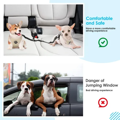Vista 6 de SlowTon Cinturón de seguridad para perro, cinturón de seguridad doble para perro, correa de seguridad ajustable para vehículo con amortiguador