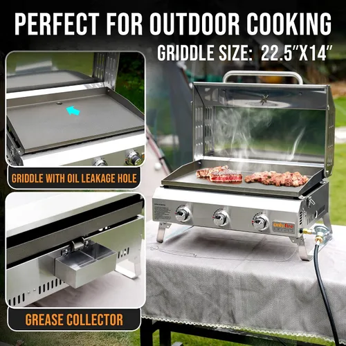 Vista 9 de ONLYFIRE GRILLS - Parrilla de mesa de gas con patas plegables, parrilla de gas propano portátil de 3 quemadores con tapa plana para cocinar al aire