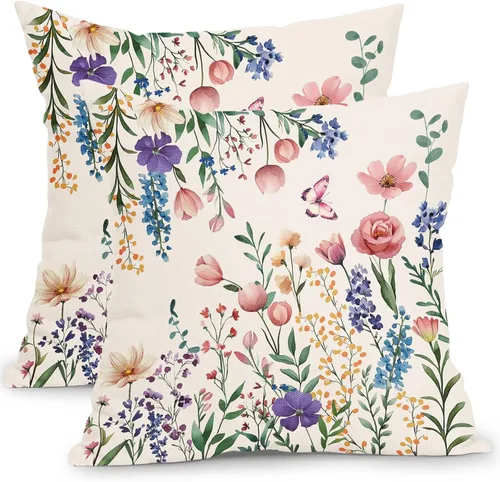 Vista 22 de Juego de 2 fundas de almohada de hojas de plantas tropicales de 20 x 20 pulgadas, juego de 2 fundas de almohada cuadradas de lino de algodón y hojas