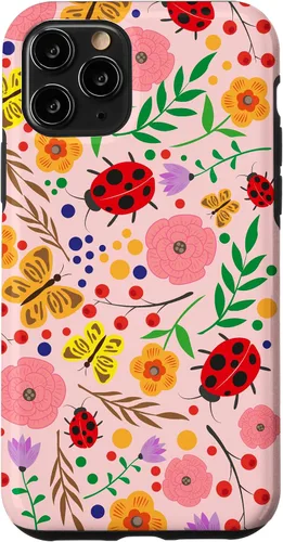 Vista 27 de iPhone 16 Cute Ladybugs Flowers Pink Pattern Bouquet Lover Cell Phone Case