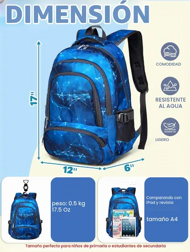 Vista 2 de BLUEFAIRY Mochila infantil para niños, bolsas para libros para primaria, primaria, escuela secundaria, bolsas de libros para adolescentes Azul