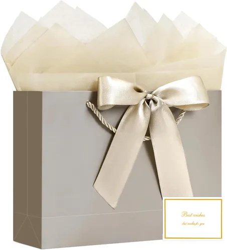 Vista 14 de JMANNI 12 bolsas de regalo de papel de boda con asa, bolsas medianas de regalo de agradecimiento de 13 pulgadas con lazo de cinta, regalos