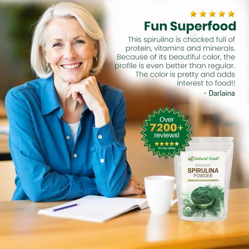 Vista 7 de Z Natural Foods Polvo de espirulina orgánica – Espirulina 100% pura, superalimento de algas azul-verdes densas en nutrientes con aminoácidos, 15
