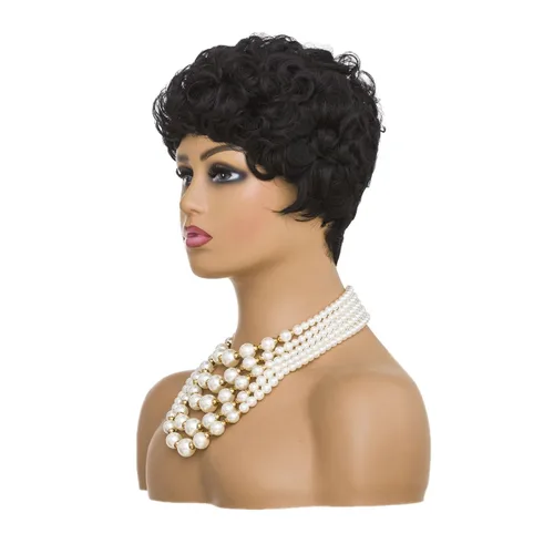 Vista 3 de MOONSHOW Pelucas cortas de corte Pixie para mujeres negras, pelucas cortas Pixie negras naturales para mujeres negras, peluca sintética rizada