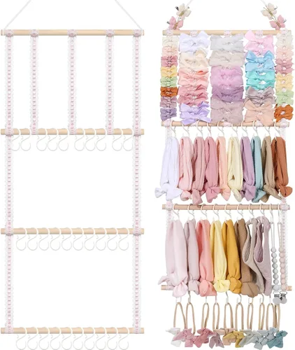Vista 13 de POVETIRE Organizador de lazos para el pelo con soporte para diadema para niñas, organizador de almacenamiento para diademas y accesorios para bebé