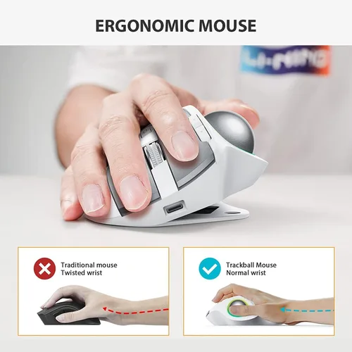 Vista 9 de ProtoArc Ratón inalámbrico Bluetooth Trackball, EM01 2.4G RGB ergonómico, recargable, conexión de 3 dispositivos y control de pulgar, compatible