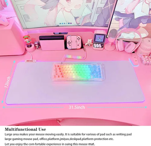 Vista 5 de JMIYAV Alfombrilla de mouse blanca para juegos RGB, base de goma antideslizante, extra grande, fresca, XL, XXL, accesorios para juegos, luz LED