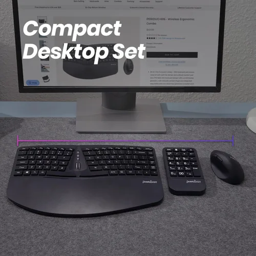 Vista 8 de Perixx PERIDUO-606A, teclado ergonómico compacto inalámbrico 3 en 1 con mouse vertical y teclado numérico, reposamanos ajustable, rueda inclinable