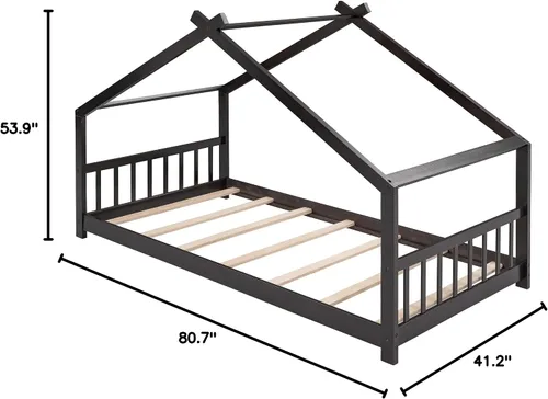 Vista 8 de Merax Camas Montessori de madera para niños con cabecero, marco de cama de suelo para niños y niñas, no necesita somier (individual, espresso)