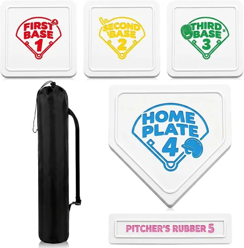 Vista 15 de Hiboom Juego de 5 bases de béisbol y sóftbol con bolsa de transporte portátil, 3 bases abatibles, 1 placa de inicio, 1 goma de lanzamiento