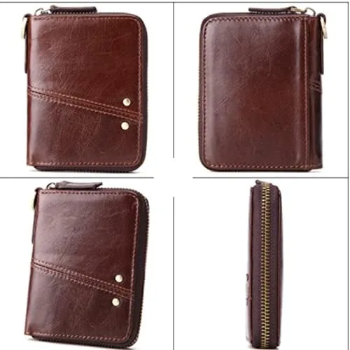 Vista 6 de WYFDP - Cartera de cuero para hombre, monedero de cuero auténtico, monedero pequeño, monedero para hombre, monedero corto con llavero