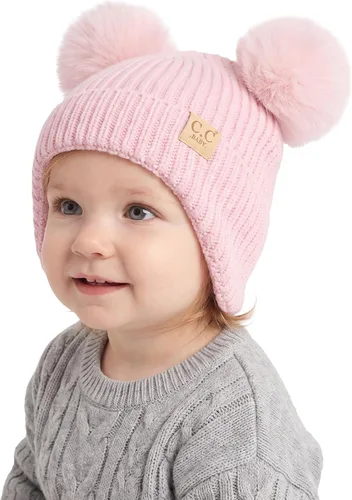 Vista 14 de C.C Gorro de Bebé con Doble Pompón de Piel con Orejeras para Niños y Niñas - Gorro de Punto Skully Cómodo, Suave y Cálido para Bebés, Niños Pequeños