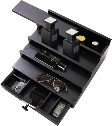 Vista 4 de 4 Tier Men's Cologne Organizer, Black Wooden Display Stand with Drawer Negro-4 niveles
