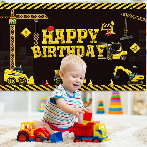 Vista 5 de Tatuo Cartel de cumpleaños con temática de construcción, 6.1 x 3.6 pies, suministros de fotografía, fiestas, camión volquete, decoración de fiesta