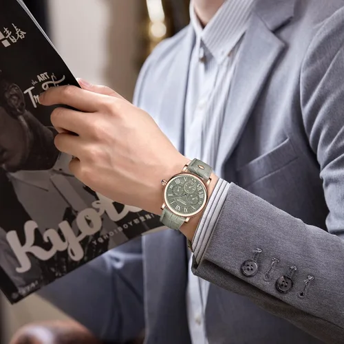 Vista 5 de RORIOS Reloj cronógrafo para hombre con correa de cuero, analógico, de cuarzo, para negocios, impermeable, para hombre