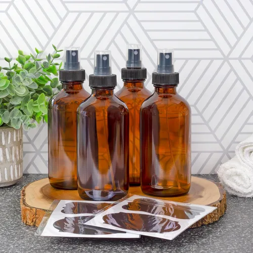 Vista 2 de Cornucopia Brands Botellas de spray de vidrio ámbar de 8 onzas (paquete de 4) Boston Round con atomizador Spritzers para aromaterapia perfume