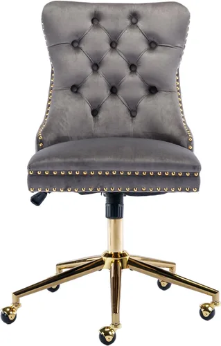 Vista 9 de Silla de escritorio de terciopelo gris con ruedas y base dorada, silla de oficina moderna giratoria cómoda, silla de tocador, silla de tarea, silla
