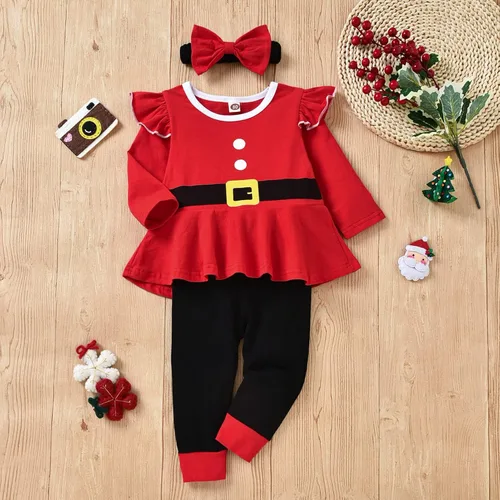 Vista 6 de Conjunto de ropa de Navidad con estampado de Papá Noel para niñas pequeñas, conjunto de ropa de Navidad de 3 piezas