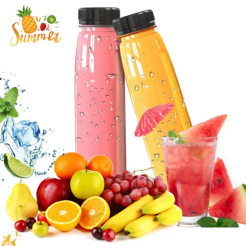 Vista 2 de Holotap 36 botellas de plástico para jugo de 10 onzas con tapas, botellas de plástico desechables transparentes a granel con tapas negras a prueba