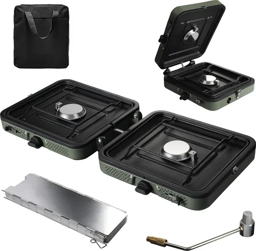 Vista 11 de Estufa de camping de propano de 2 quemadores, estufa de gas plegable portátil para acampar con 17200 BTU, dos quemadores ajustables con mango
