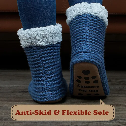 Vista 3 de cosyone1997 Pantuflas de punto grueso para mujer para interiores, con forro polar sherpa, botas suaves sin cordones, cálidas y mullidas