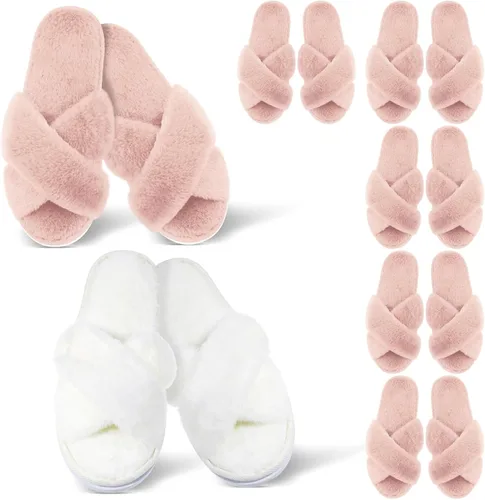 Vista 13 de JenPen 7 pares de pantuflas peludas para damas de honor con banda cruzada Blanco