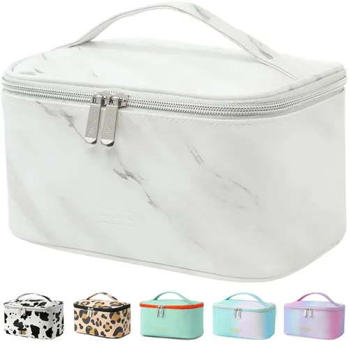 Vista 11 de Bolsa de maquillaje pequeña para mujeres, con cremallera, organizador, impermeable, bonita (azul claro)