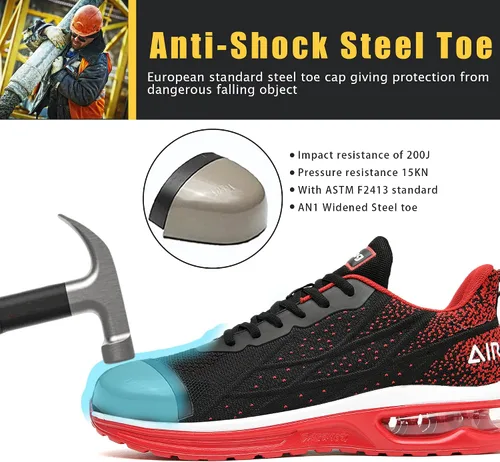 Vista 2 de HiHatide - Zapatos con punta de acero para hombre, zapatos de trabajo, zapatos de seguridad, con amortiguación de aire, ligeros, antideslizantes
