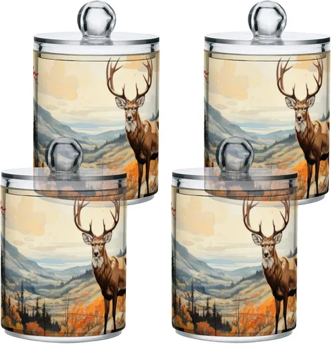 Vista 2 de Vnurnrn Qtip - Dispensador de bolas de algodón con tapa, estampado de ciervos y bosques otoñales, tarros de plástico, recipientes de baño