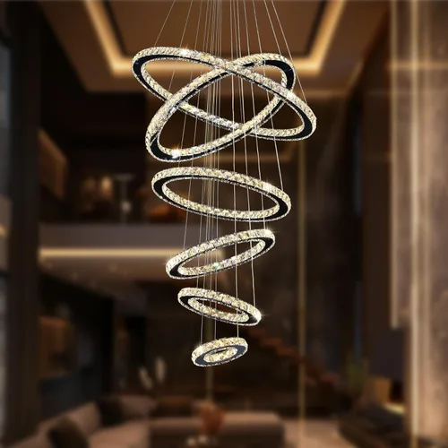 Vista 9 de Siljoy Moderna lámpara de araña de cristal, 6 anillos, lámpara de techo LED con 3 colores, lámpara de techo alto para sala de estar, comedor