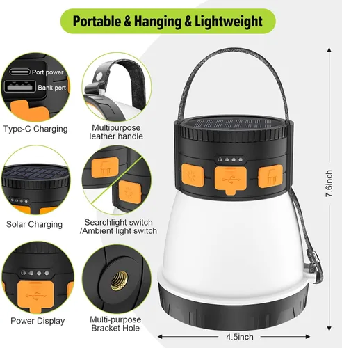 Vista 7 de Linterna LED para campamento, 1500 lúmenes, linterna de campamento recargable con carga de panel solar, impermeable, 8 modos de luz, banco