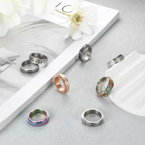 Vista 7 de CASSIECA Anillos giratorios de acero inoxidable para mujeres y hombres anillos giratorios de flores luna estrella anillos de ansiedad frescos