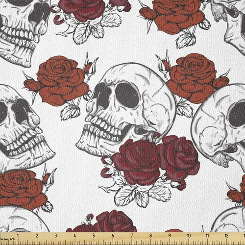 Vista 94 de Ambesonne The Yard, tela de calavera colorida con temática de Halloween, diseño de calavera y huesos cruzados, divertido estampado de dibujos