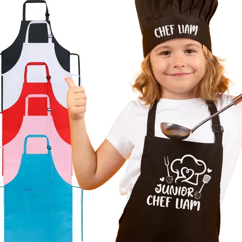 Vista 3 de Juego de delantal personalizado para niños con sombrero, delantal ajustable impermeable con 2 bolsillos para cocinar, hornear, pintar y arte, regalo
