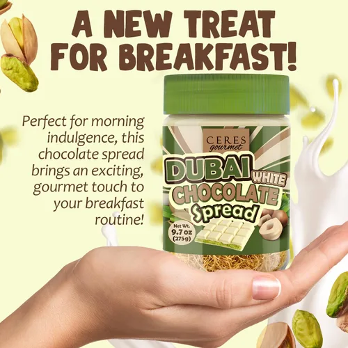 Vista 4 de Dubai - Chocolate blanco untable - Pistacho untable con filo tostado, chocolate gourmet para el desayuno - 9.7 onzas