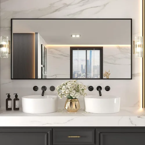 Vista 24 de LOAAO Espejo de Baño de Pared Rectangular Negro de 20"X30", Marco de Aleación de Aluminio Negro Mate, Vidrio Templado, se Cuelga Vertical u