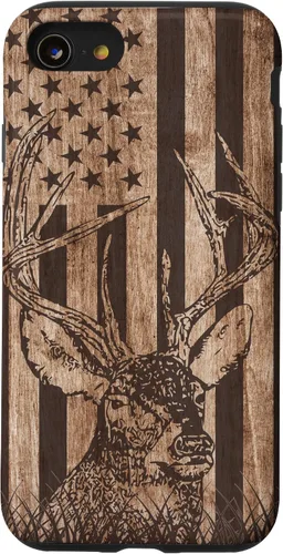 Vista 18 de Funda de madera para iPhone 16 con diseño de ciervo de cola blanca para caza cazador de bandera estadounidense