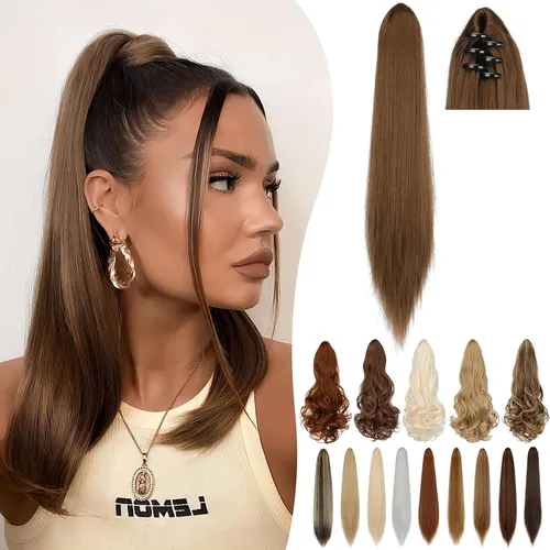 Vista 23 de Extensión de cola de caballo de 18 pulgadas, 20 pulgadas, larga, rizada, ondulada, recta, con clip, de aspecto natural, extensión de cabello