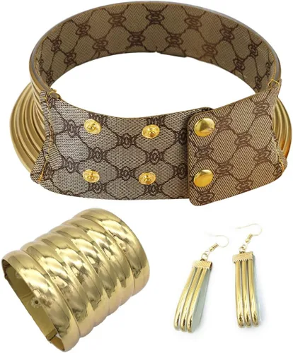 Vista 4 de Aijian Gargantillas africanas de Egipto en tono dorado, collar de cuero grueso, gargantilla africana, estilo punk, gótico (c-1 juego (dorado)
